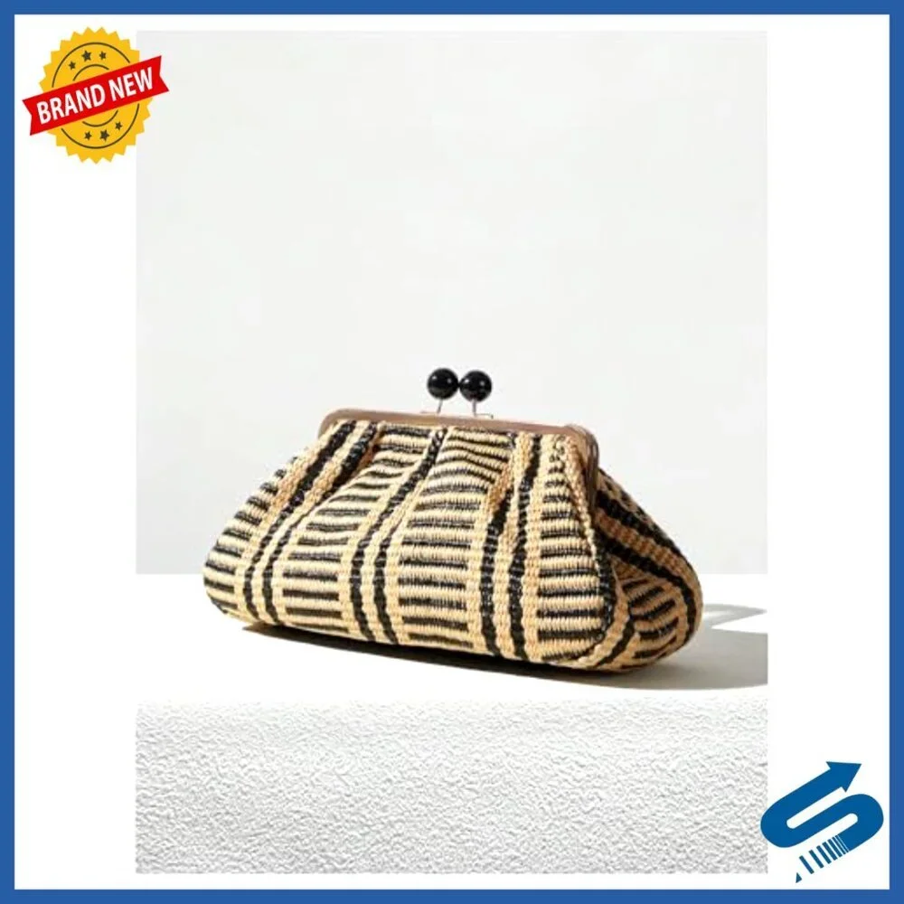 Woven Straw Evening Clutch Elegant Ruched Kiss Lock Dumpling Bag Formal
